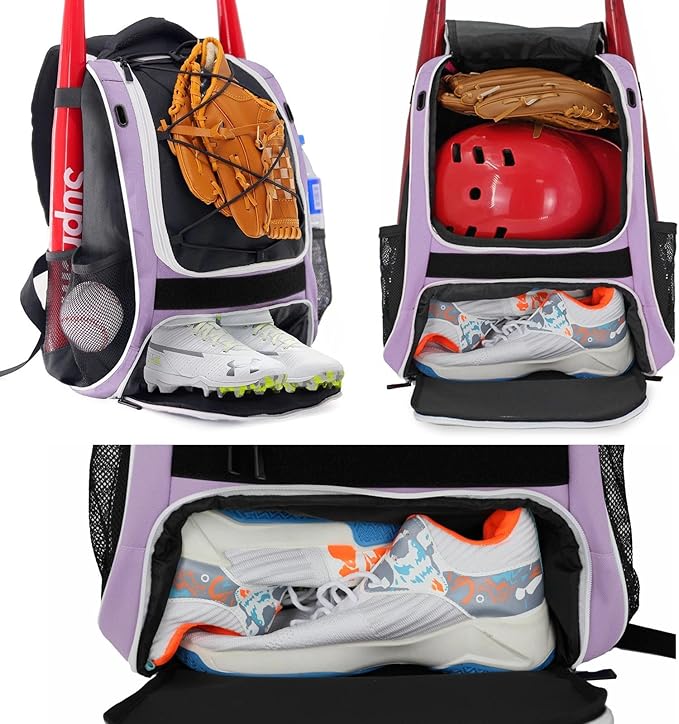 WOLT Youth Baseball Bag - Bat Backpack for Baseball, T-Ball & Softball Equipment & Gear, Bat & Glove Holder, Large Main Compartment for Helmet & accessories, Separate Shoes Compartment, Fence Hook