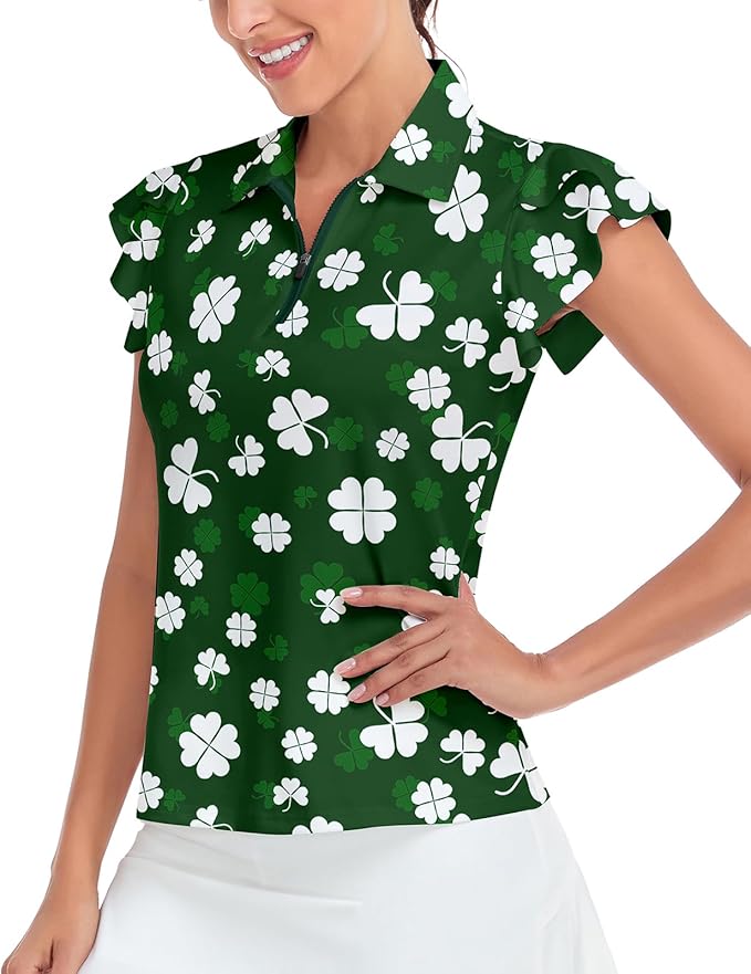 Soneven Womens Petal Sleeve Golf Shirts Moisture Wicking Lady Golf Apparel Print Tennis Sport T Shirt