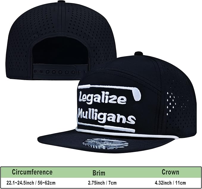 Funny Golf Hat for Men - Flat Bill Snapback Rope Hat, Black/White