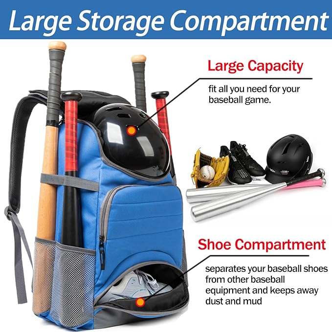 Baseball Bag - Lightweight Softball & T-Ball Backpack with Shoe Compartment for Equipment & Gear