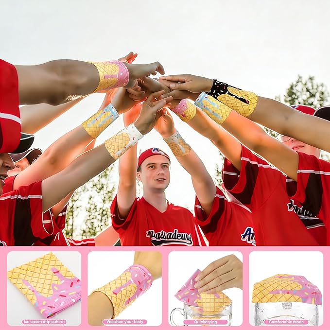 Ice Cream Drip 12Pcs Youth Baseball Accessories Set - 6 Elastic Polyester Headscarves + 6 Non Slip Sports Wristbands with 6 Bags for Teenager Men Women, Basketball Football Gym Party Favors Team Gift