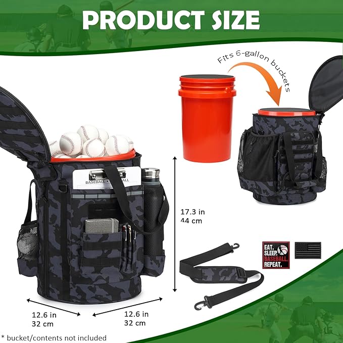 Baseball Bucket Bag Baseball Coaching Accessories Organizer Softball Bucket Bag with Anti-Slip Bottom & Multiple Pockets for Bat, Gloves, Scoreboards
