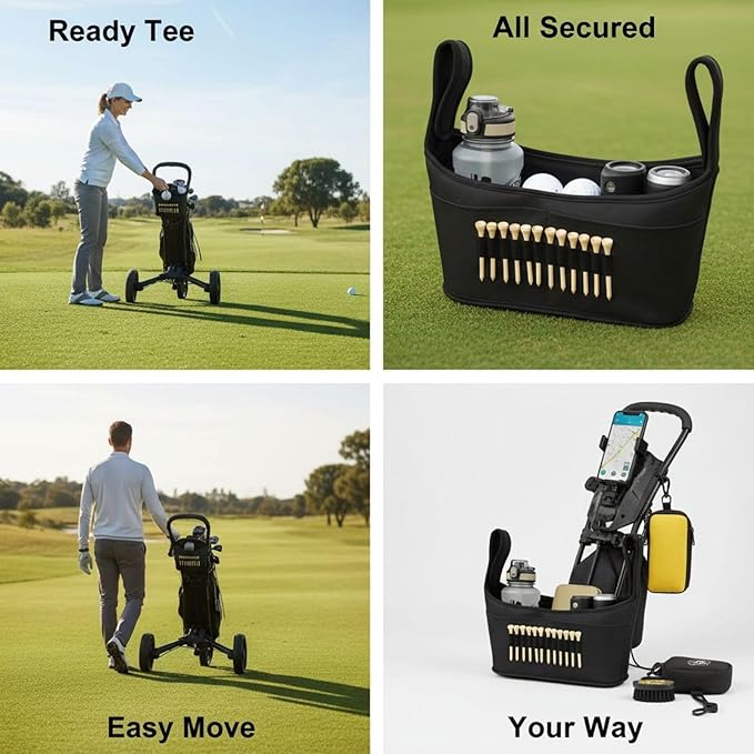 Golf Push Cart Bag, Golf Accessory Bag with Adjustable Compartments, Multiple Pockets, and Quick Attachment Straps, 15x3.1x8.3 in for Golf Carts, Strollers