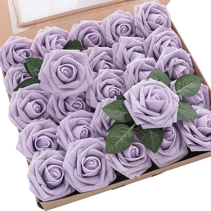 Floroom Artificial Flowers 25pcs Real Looking Lilac Foam Fake Roses by Floroom