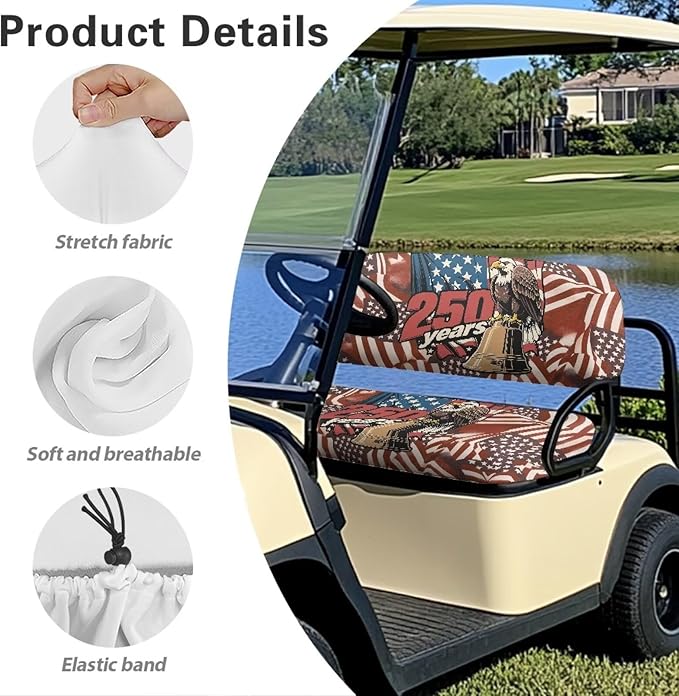 Bulopur Eagle Golf Cart Blanket Seat Covers 250 Years USA Flag Club Car Golf Cart Seat Covers Non-Slip Breathable Cozy 2 PCS Golfcart Cushion Cover Washable