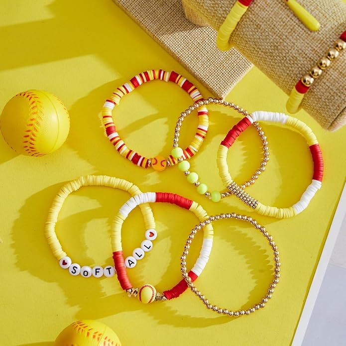 Huquary 8 Pack Sports Bracelets for Women Mom Soccer Baseball Football Volleyball Basketball Stackable Heishi Clay Beaded Bracelet Accessories Fan Outfits Jewelry Gifts for Sports Party Favor