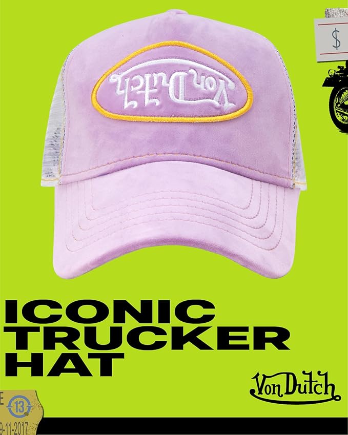 Von Dutch Unisex Trucker Hat - Velvet Curved Bill Mesh Back Retro Classic Adjustable Snapback Baseball Cap for Men and Women
