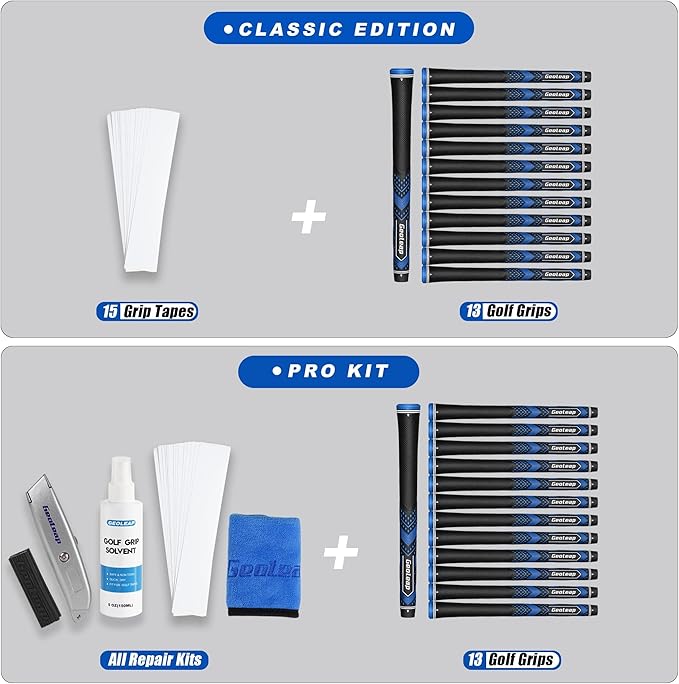 Geoleap Golf Grips Set of 13- Soft Reduce Taper Design Provides High Traction and Performance,13 Golf Club Grips with 15 Tapes or with All Repair Kits for Choice.