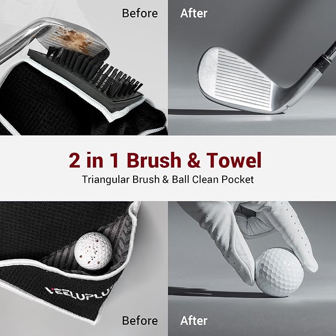 4-in-1 Magnetic Golf Towel with Brush & Cleaning Pocket - Premium Construction Golf Towel- Super Strong Golf Club Cleaner- Microfiber Waffle Design-15.7" X 23.6" Golf Accessories and Gifts for Men