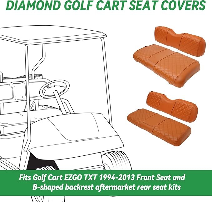 XUANYUDG0769 Golf Cart Front and Rear Seat Covers for EZGO TXT 1994-2013 OEM Ordinary Front Seat and Aftermarket Common Rear Seat Kits, No Stapler Vinyl Leather Diamond EZGO TXT Seat Covers