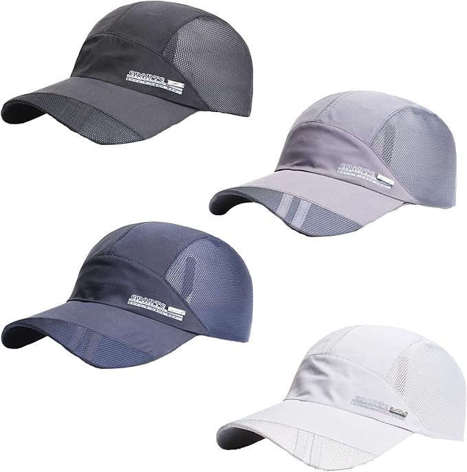 4 Pack Quick Drying Baseball Cap Bulk, Breathable Performance Running Hats, Mesh Lightweight UPF 50+ Sports Hats