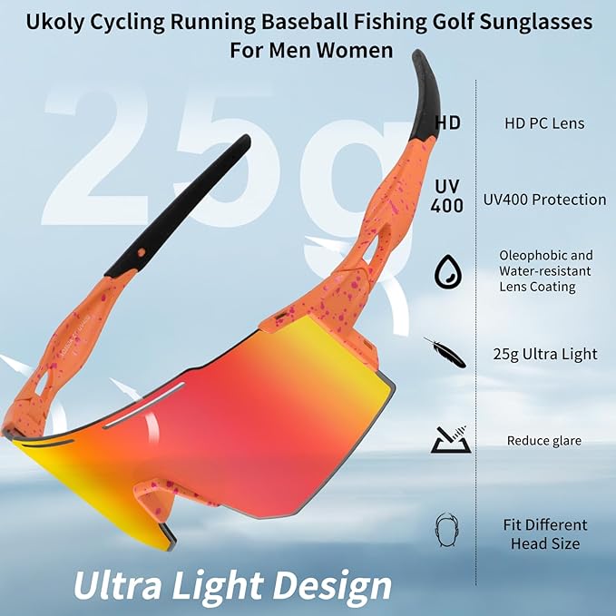 Ukoly Cycling Sunglasses for Men Women with 3 Interchangeable Lenses, Polarized Sports Sunglasses, Baseball Sunglasses
