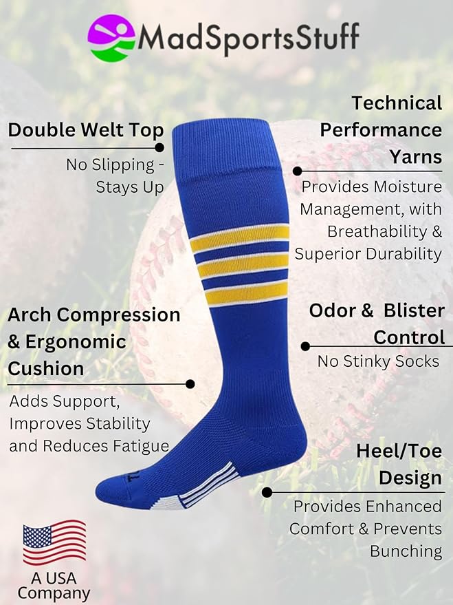 MadSportsStuff Softball Socks Baseball Socks | White & Team Colors | USA Made | Sizes for Girls, Youth Boys, Men & Women