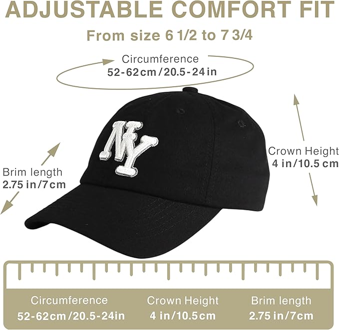 NY 3D Embroidered Cotton Dad Hat – New York Baseball Cap, Adjustable Metal Buckle Strap, Unstructured Low-Profile Style