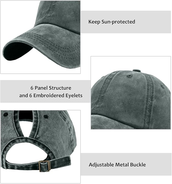Womens Vintage Washed Distressed Baseball-Cap with Ponytail Hole Sport Golf Hat