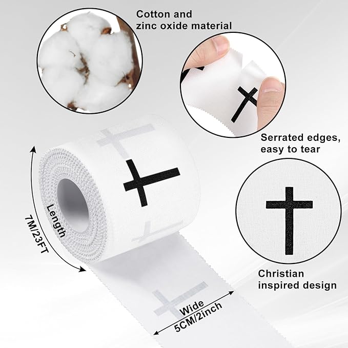 Geiserailie Christian Athletic Tape with Cross Sport Tape 2IN X 23FT Wrist Wrap for Football Baseball Soccer Religious Gift for Mother's Day Father's Day Nurses Week Christian Church(White)