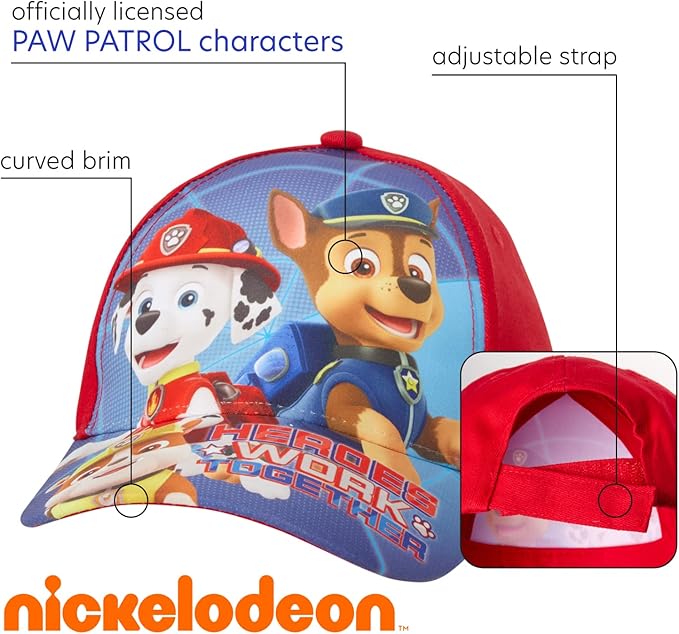 Nickelodeon Boys' Paw Patrol Baseball Cap - 2 Pack Chase, Marshall, Rubble Curved Brim Strap Back Hat (2T-7)