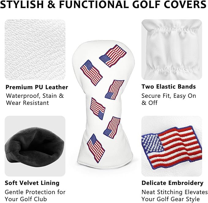 Golf Club Head Covers for Men Women, PU Leather Golf Headcover for Driver Fairway Wood and Hybrid, Funny Golf Accessories