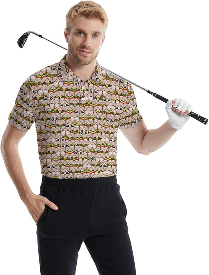 HUURAY Funny Golf Polos for Men Funny Print Short Sleeve Shirts Quick Dry Polo Shirts Hawaiian Shirt Performance Golf Outfits