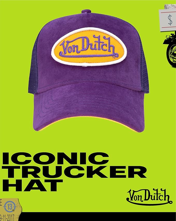 Von Dutch Unisex Trucker Hat - Velvet Curved Bill Mesh Back Retro Classic Adjustable Snapback Baseball Cap for Men and Women