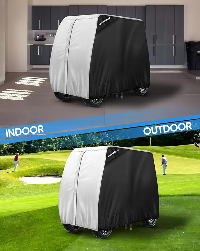 NEVERLAND Golf Cart Cover 4 Passenger - Outdoor Waterprood Golf Cart Covers, 420D Club Car Covers with Air Vent Compatible with EZGO Yamaha Club Car 4 Seat (Up to 112 Inch)-Black+Sliver