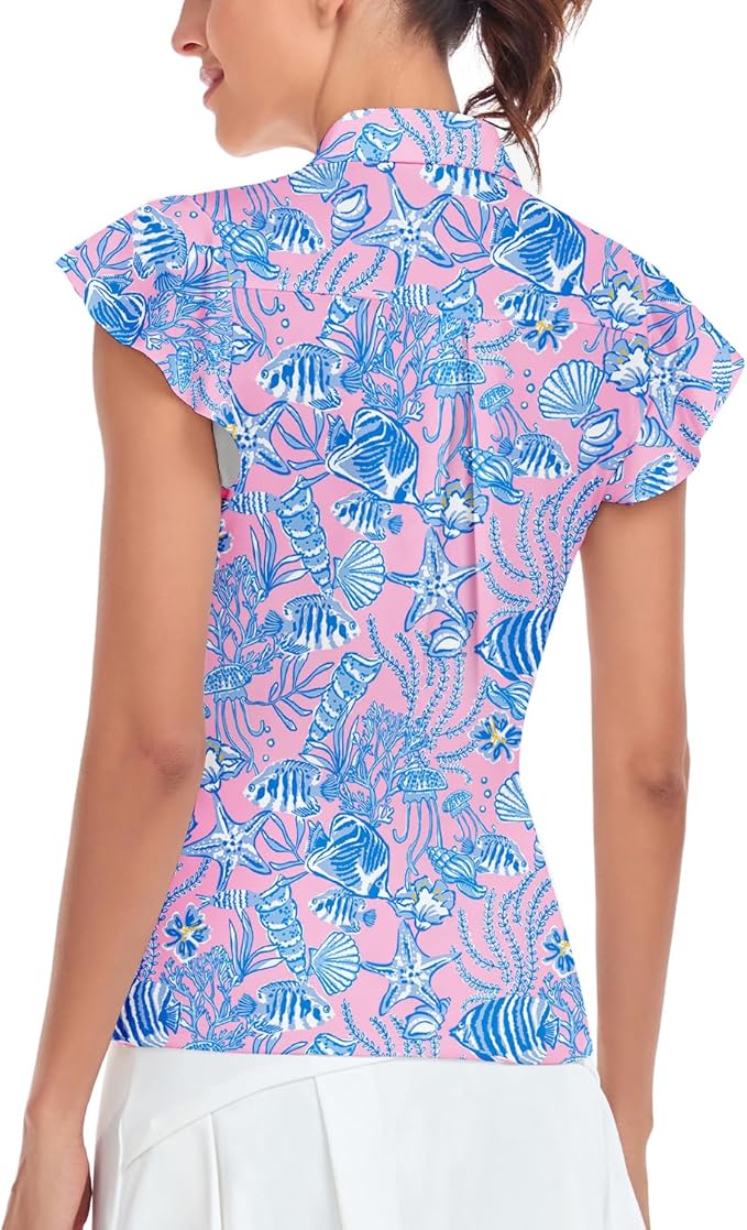 Soneven Womens Petal Sleeve Golf Shirts Moisture Wicking Lady Golf Apparel Print Tennis Sport T Shirt