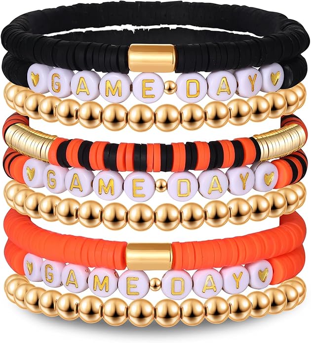 NLCAC 9 Pack Game Day Bracelets Stackable Heishi Beaded Stretchy Bracelet Preppy Jewelry Baseball Football Team Bracelets Sports Fan Accessories Gifts