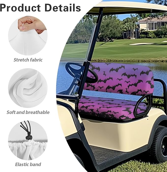 Yewatlles Purple Retro Halloween Bats Golf Cart Seat Cover Set Fashion Printed for Club Car Small Breathable Bench Seat Covers, Washable Polyester Cloth Without Logo