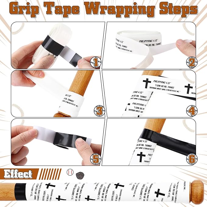 Sotiff 6 Pcs 43 Inch Cross Baseball Bat Grip Tapes 1.5 mm Precut and Full Adhesive Bat Tape for Softball Non Slip Religious Baseball Grip Tapes for Sports