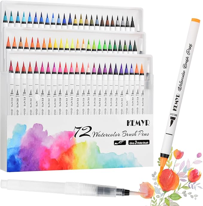 Watercolor Brush Pens, 72 Colors Brush Tip Pens by KEMYR