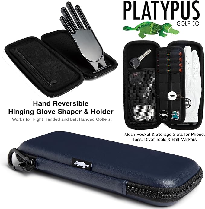Platypus Golf Co. Golfing Caddie EVA Travel Case Organizer with Bamboo Tees & Ball Marker - Hand Reversible Hinging Glove Shaper & Holder, Mesh Pocket & Storage Slots, Golfers Cases for Men & Women