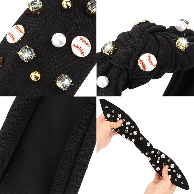 Baseball Headbands for Women Crystal Baseball Embellished Wide Top Knot Headband for Women Game Day Hair Accessories (Black)