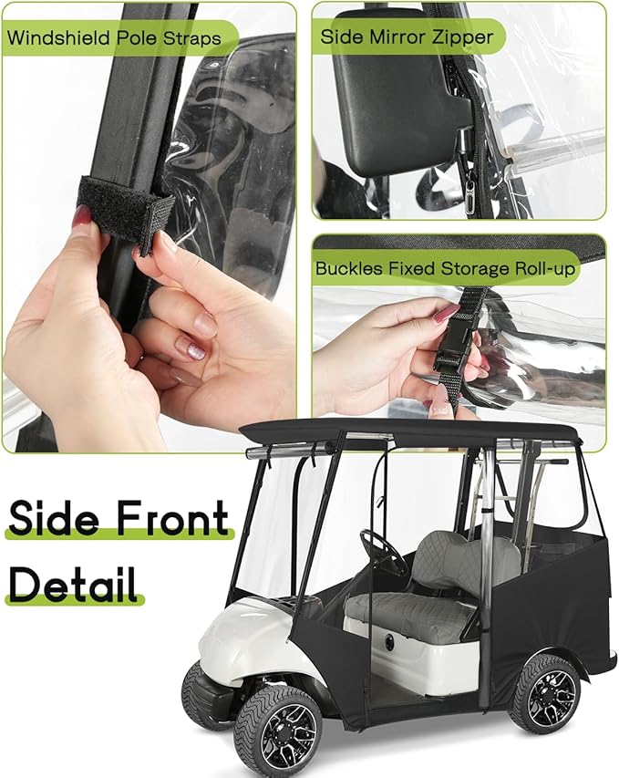 Golf Cart Enclosure 2 Passenger for Yamaha G29 Drive 2 600D Waterproof Windproof Driving Rain Cover Fit 2-Seater Short Roof with 4-Sided Clear Windows Mirror Openings Roll-up Zipper Door Black