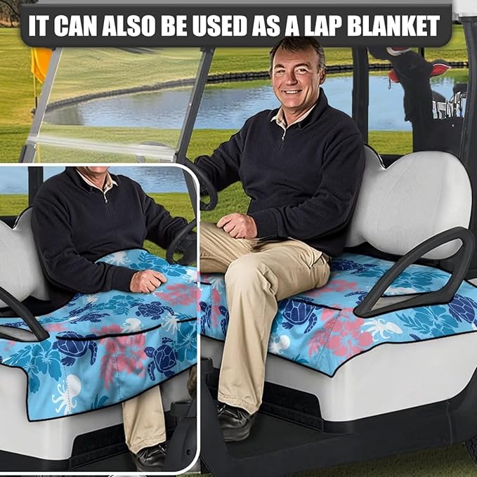 Golf Cart Seat Covers, Universal Golf Cart Seat Towel Blanket with 4 Front Pockets & Nonskid Bottom Fits for Club Car 2 Person Seats Golf Carts