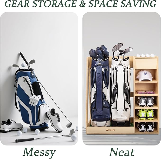 WINGYZ Premium Birch Plywood Golf Bag Storage for 2 Bags | 36lb Rock-Solid Golf Bag Organizer | 7-Shelf Command Center | Artificial Turf 12-Ball Display | No Wall Mounting Required (Natural)