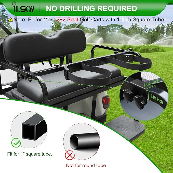 Golf Cart Bag Holder Bracket for 2+2 Seater Golf Cart Rear Seat with 1 inch Sqaure Strut, No Drilling Golf Cart Rear Bag Holder Fits EZGO, Club Car, Yamaha Golf Carts