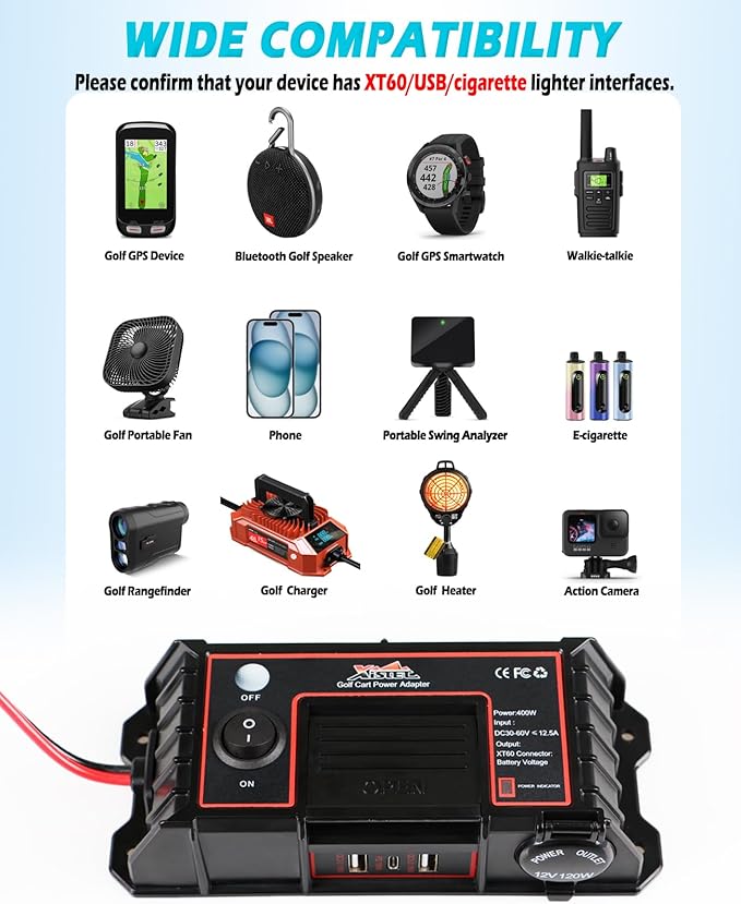 400W Golf Cart USB Charging Port with XT60 Port, 12V 120W Cigarette Lighter & 3 USB Quick Charge 3.0 Power Socket Adapter for 36V/48V EZGO Club Car Yamaha, No Drill Installation Golf Cart Accessories