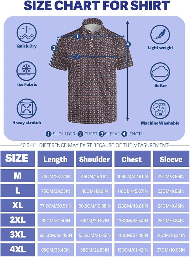 HUURAY Funny Golf Polos for Men Funny Print Short Sleeve Shirts Quick Dry Polo Shirts Hawaiian Shirt Performance Golf Outfits