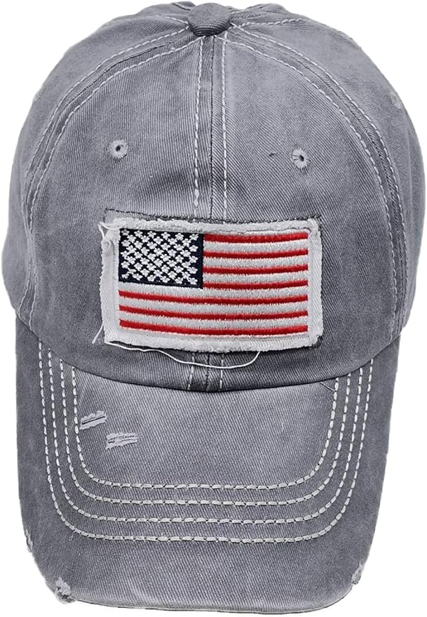 Women American Flag Ponytail Hat, Embroidery Adjustable Washed Distressed Messy Bun Baseball Cap …