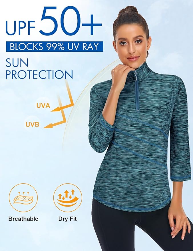Koscacy Women's 3/4 Roll Sleeve Golf Tennis Polo Shirts UPF50+ Half Zip Dry Fit Workout Tops Athletic Shirt
