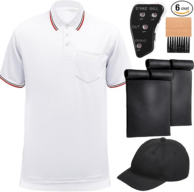 6 Pcs Baseball/Softball Umpire Accessories Set Including Umpire Shirt Hat Indicator Brush Ball Bag for Men Referee