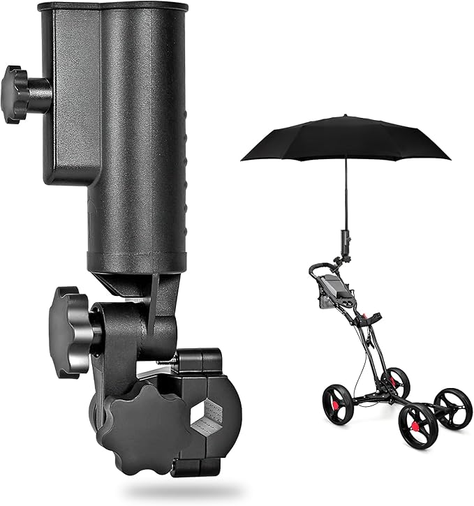 Heavy-Duty Golf Push Cart Umbrella Holder Aluminum Base 180° Adjustable for Stroller Bike Wheelchair Bicycle Mobility Scooter Beach Chair Universal Windproof Umbrella Mount