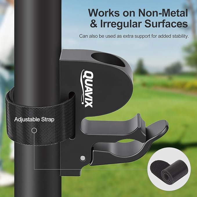 Magnetic Golf Cart Holder Clip with Adjustable Strap, Secure Golf Accessory for Cart, Aluminum Design Fits 30-70 Ring Gauge, Stable Holder for Golf Course Use