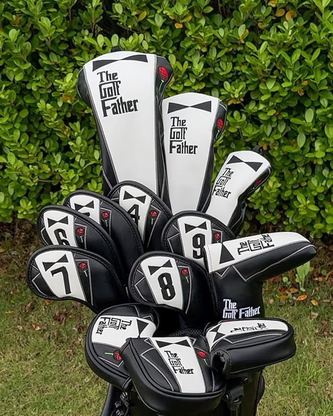 The Golf Father Funny Golf Club Covers, Driver Fairway Wood Hybrid Headcover, Mallet Putter Covers Blade Headcovers Putter Cover Magnetic, Black and White Color Iron Covers for Most Brands