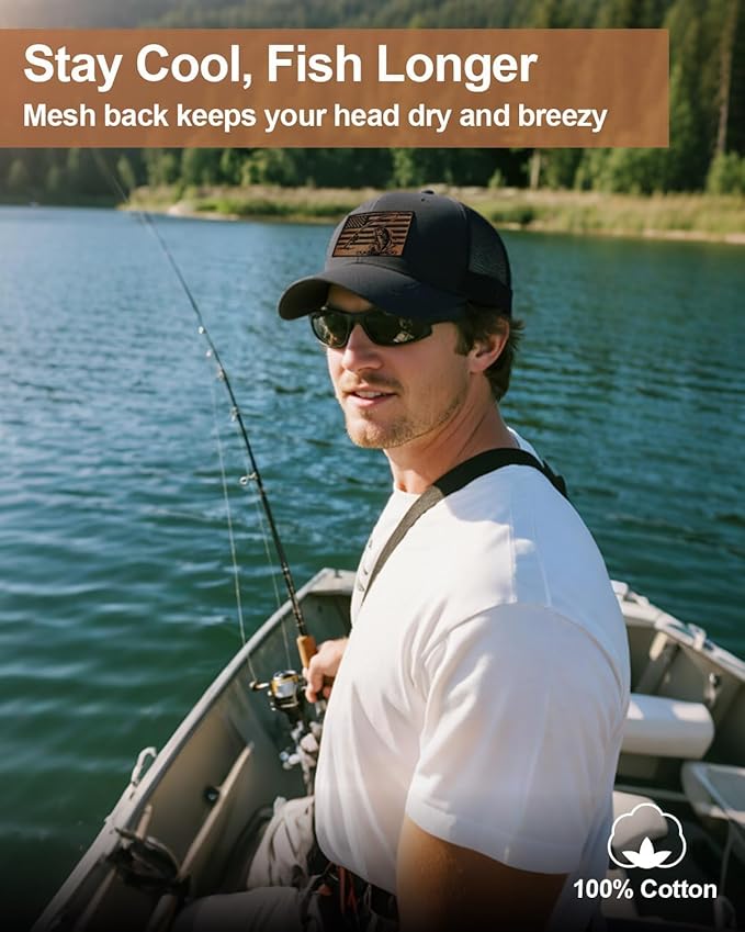 Embroidered Fishing Hats for Men, Birthday Father's Day Fisherman Gifts for Men Son Dad Husband Grandpa Adjustbale Mesh Fishing Trucker Hat Baseball Cap Black