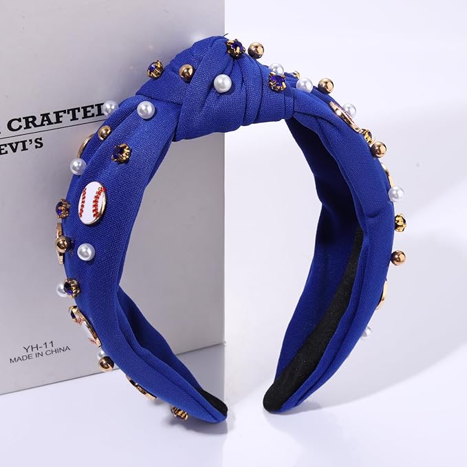 Baseball Headband for Women Baseball Accessories Beaded Crystal Pearl Knotted Headbands Baseball Charm Embellished Headband Wide Top Knot Sports Game Day Headband Gifts (A-Navy Blue)