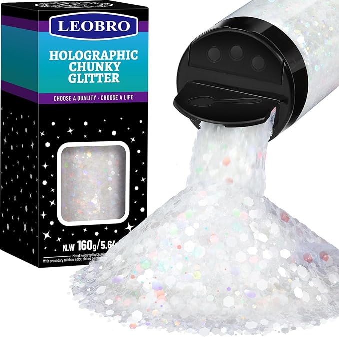 LEOBRO White Glitter, 160g/5.64oz Holographic Chunky Glitter by LEOBRO