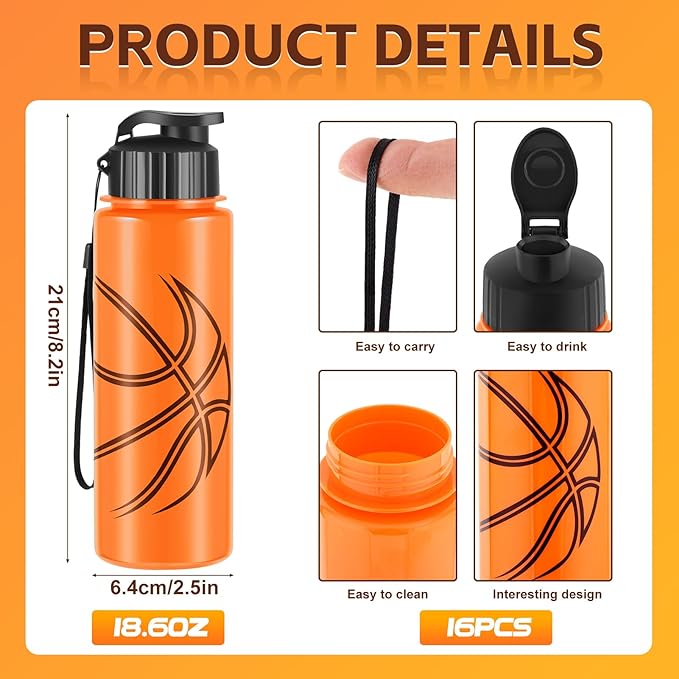 Olgaa 16 Pcs Basketball Water Bottle Bulk 20 oz Basketball Reusable Water Drink Bottles Sports Accessories for Party Favor Players Lovers Team Gifts