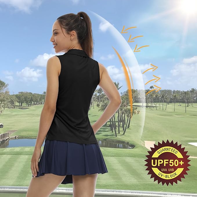 LastFor1 Women's Sleeveless Polo Golf Shirts Quick Dry 50+ UV Protection V-Neck with Collar Lightweight Tennis Tank Tops