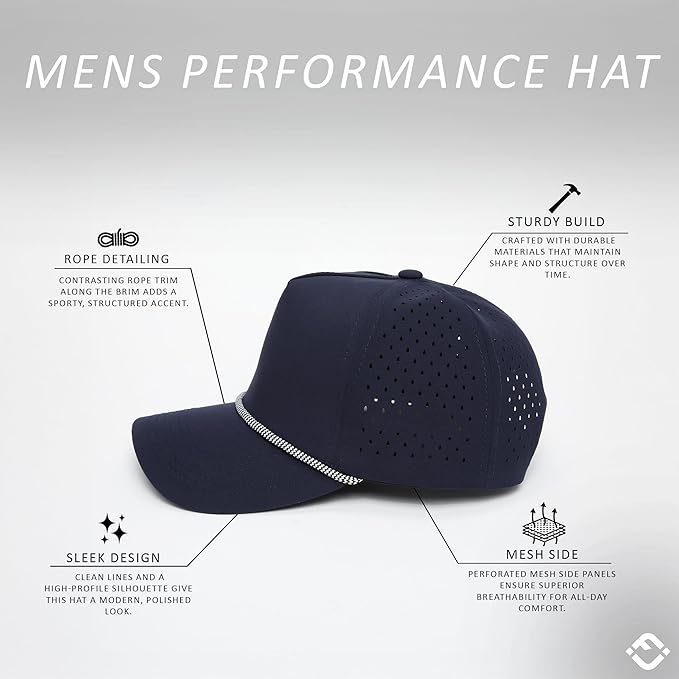 Funky Junque Performance Waterproof Golf Rope Hat – Cool Breathable Workout 5 Panel Snapback Cap for Men
